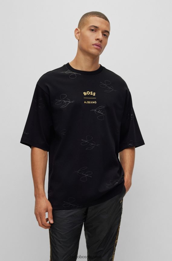 4TFNJN3998 أسود Hugo Boss تي شيرت x ajbxng من القطن المتشابك مع علامة تجارية وتوقيعات تعاونية