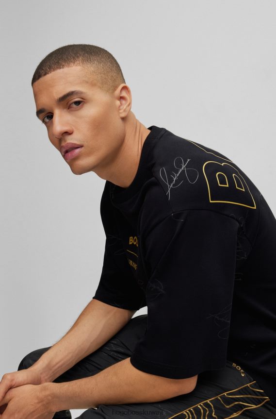 4TFNJN3998 أسود Hugo Boss تي شيرت x ajbxng من القطن المتشابك مع علامة تجارية وتوقيعات تعاونية