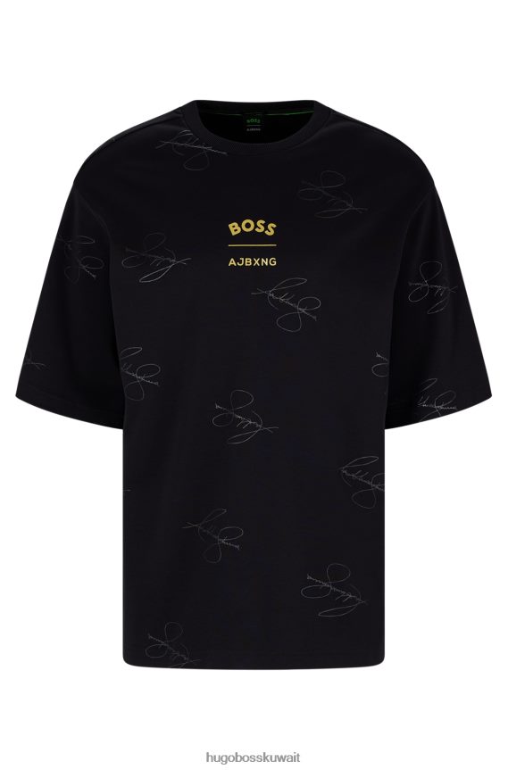 4TFNJN3998 أسود Hugo Boss تي شيرت x ajbxng من القطن المتشابك مع علامة تجارية وتوقيعات تعاونية