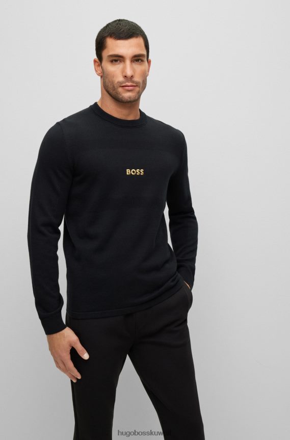 4TFNJN4002 أسود Hugo Boss سترة مطرزة بشعار الماركة من القطن العضوي والصوف باللون الأسود