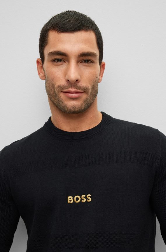 4TFNJN4002 أسود Hugo Boss سترة مطرزة بشعار الماركة من القطن العضوي والصوف باللون الأسود
