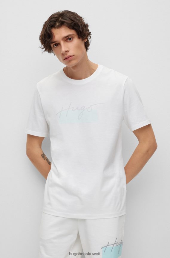 4TFNJN4003 أبيض Hugo Boss تي شيرت أبيض برقبة دائرية من قطن الجيرسيه مع شعار Hugo مكتوب بخط اليد
