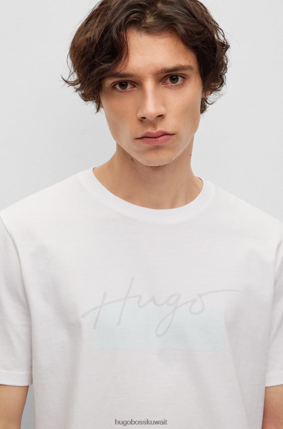 4TFNJN4003 أبيض Hugo Boss تي شيرت أبيض برقبة دائرية من قطن الجيرسيه مع شعار Hugo مكتوب بخط اليد