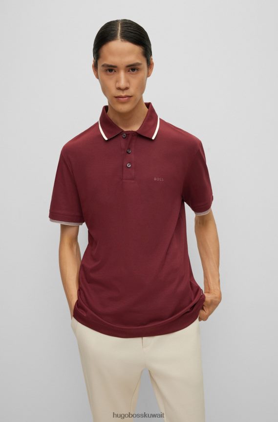4TFNJN4027 احمر غامق Hugo Boss قميص بولو من قطن هوغو المتشابك مع شعار مطاطي باللون الأحمر الداكن