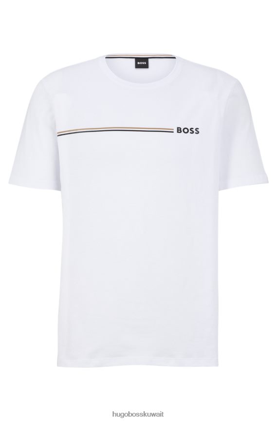 4TFNJN4034 أبيض Hugo Boss تي شيرت بيجامة من القطن المطاطي مع شريط مميز وشعار هوغو أبيض