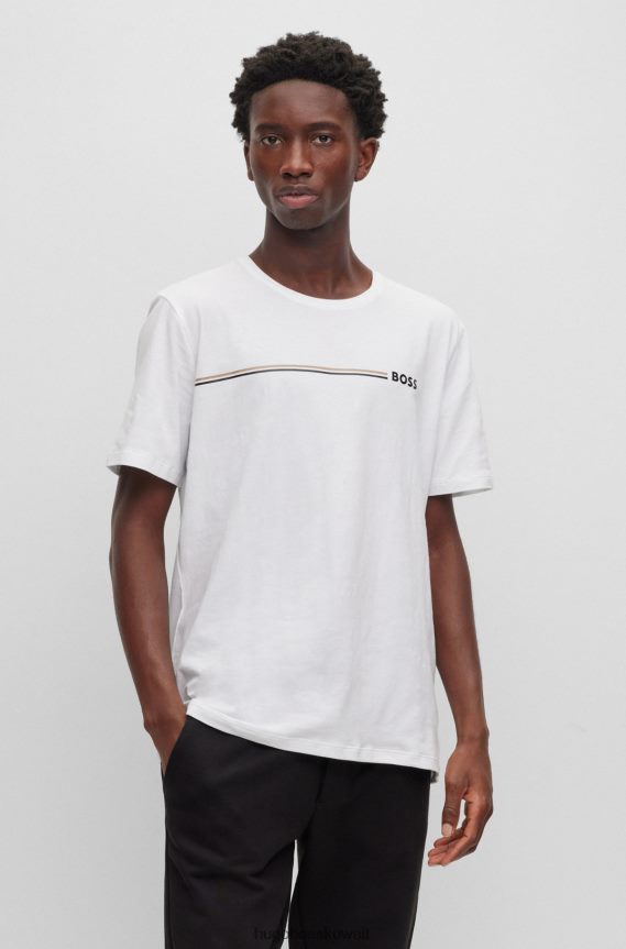 4TFNJN4034 أبيض Hugo Boss تي شيرت بيجامة من القطن المطاطي مع شريط مميز وشعار هوغو أبيض