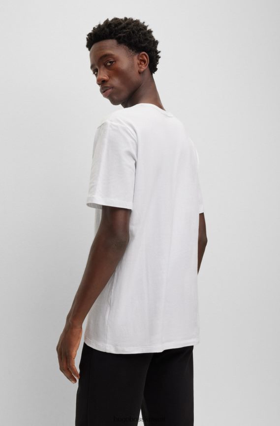 4TFNJN4034 أبيض Hugo Boss تي شيرت بيجامة من القطن المطاطي مع شريط مميز وشعار هوغو أبيض