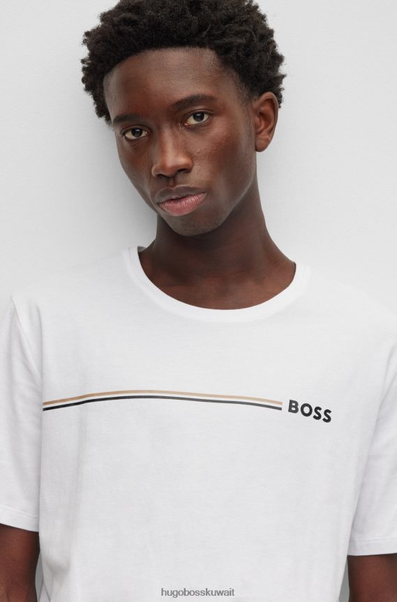 4TFNJN4034 أبيض Hugo Boss تي شيرت بيجامة من القطن المطاطي مع شريط مميز وشعار هوغو أبيض