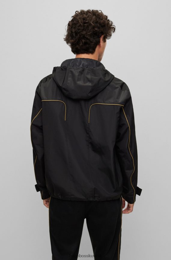 4TFNJN4039 أسود Hugo Boss سترة بغطاء رأس مقاومة للماء من Porsche X Hugo مع علامة تجارية تعاونية