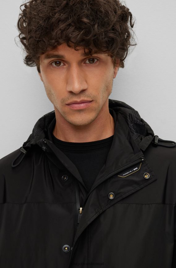 4TFNJN4039 أسود Hugo Boss سترة بغطاء رأس مقاومة للماء من Porsche X Hugo مع علامة تجارية تعاونية