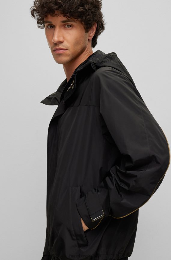 4TFNJN4039 أسود Hugo Boss سترة بغطاء رأس مقاومة للماء من Porsche X Hugo مع علامة تجارية تعاونية