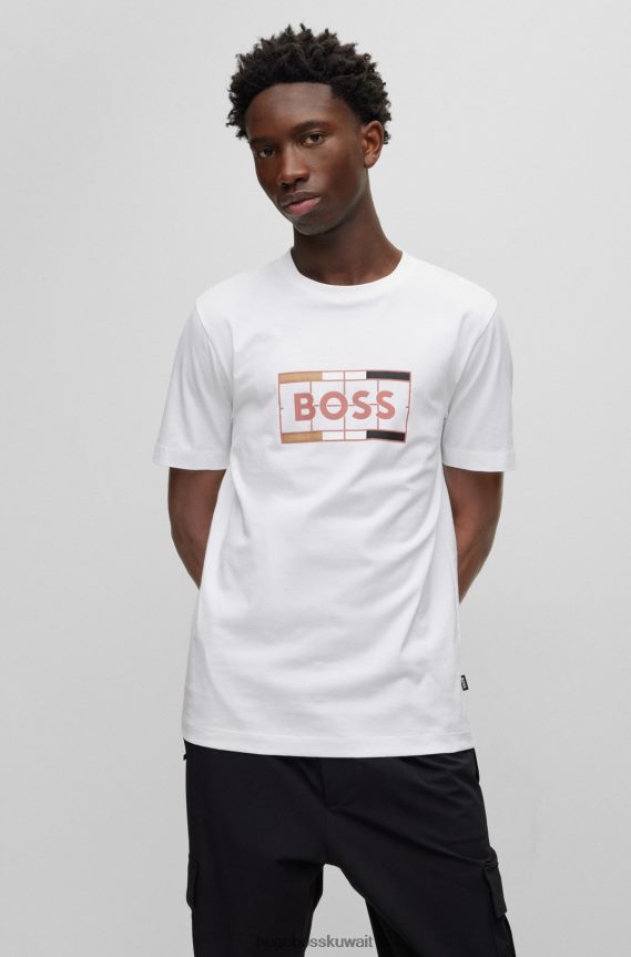 4TFNJN4042 أبيض Hugo Boss تي شيرت Hugo من القطن بقصة ضيقة مع طباعة شعار مستوحى من التنس باللون الأبيض