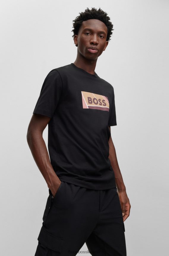 4TFNJN4043 أسود Hugo Boss تي شيرت قطني بقصة ضيقة مع طباعة شعار مستوحى من لعبة التنس باللون الأسود