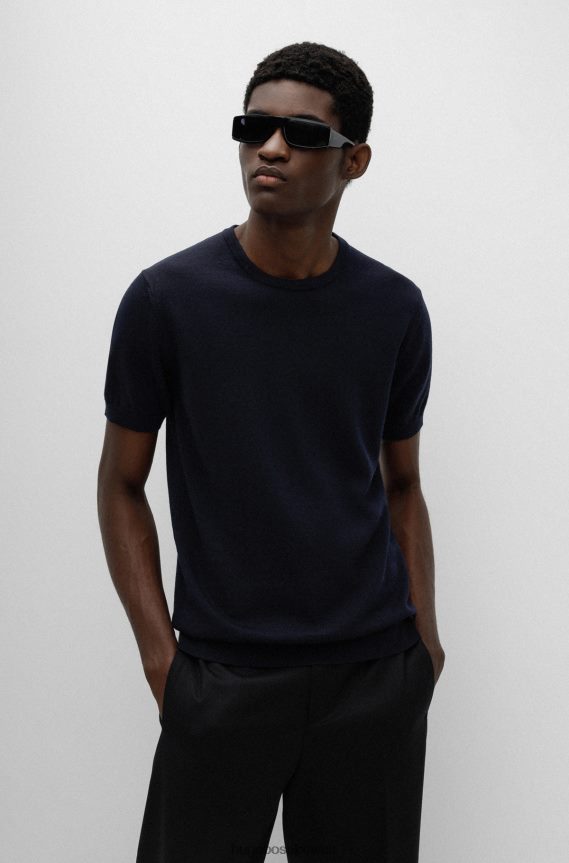 4TFNJN4045 أزرق غامق Hugo Boss سترة ضيقة بشعار مطرز من الصوف البكر هوغو باللون الأزرق الداكن