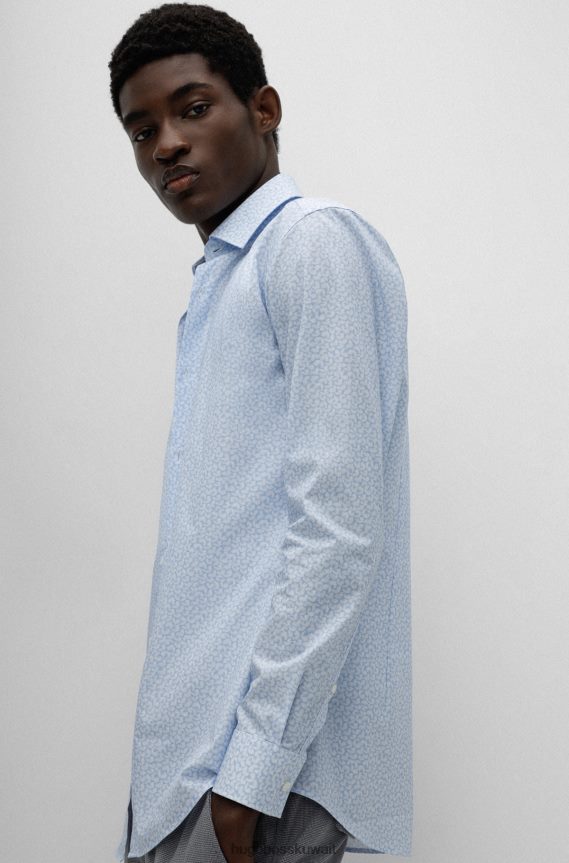 4TFNJN4048 أزرق فاتح Hugo Boss قميص Hugo ذو قصة ضيقة مصنوع من قماش قطني مطبوع بشكل دقيق باللون الأزرق الفاتح