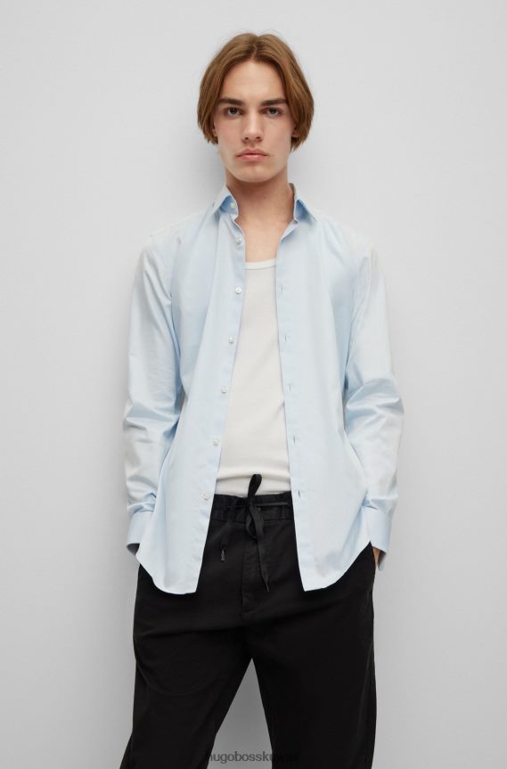 4TFNJN4049 أزرق فاتح Hugo Boss قميص بقصّة ضيّقة مصنوع من نسيج قطني مضلع سهل الكي بأساور مزدوجة باللون الأزرق الفاتح