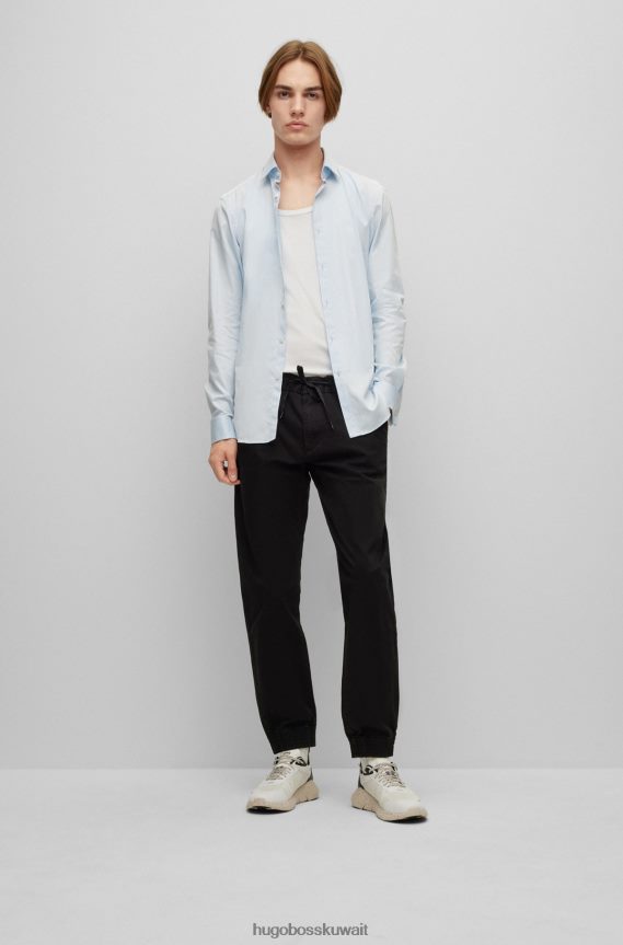 4TFNJN4049 أزرق فاتح Hugo Boss قميص بقصّة ضيّقة مصنوع من نسيج قطني مضلع سهل الكي بأساور مزدوجة باللون الأزرق الفاتح