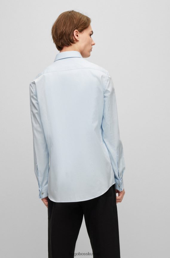4TFNJN4049 أزرق فاتح Hugo Boss قميص بقصّة ضيّقة مصنوع من نسيج قطني مضلع سهل الكي بأساور مزدوجة باللون الأزرق الفاتح