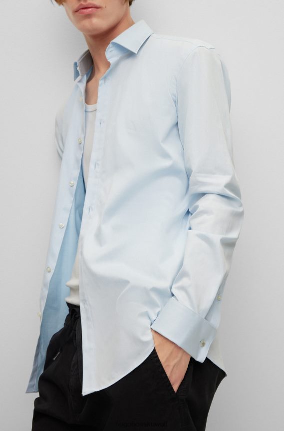 4TFNJN4049 أزرق فاتح Hugo Boss قميص بقصّة ضيّقة مصنوع من نسيج قطني مضلع سهل الكي بأساور مزدوجة باللون الأزرق الفاتح