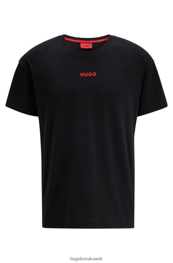 4TFNJN4057 أسود Hugo Boss تيشيرت بيجامة مريح من القطن المطاطي مع شعار هوغو باللون الأسود