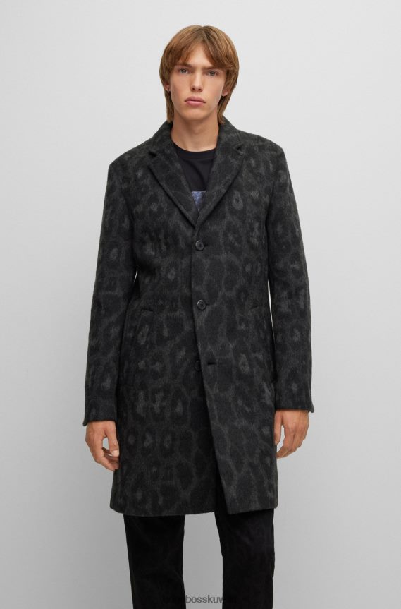 4TFNJN4060 أسود Hugo Boss معطف هوغو من مزيج الصوف بقصة عادية مع طباعة جاليون باللون الأسود