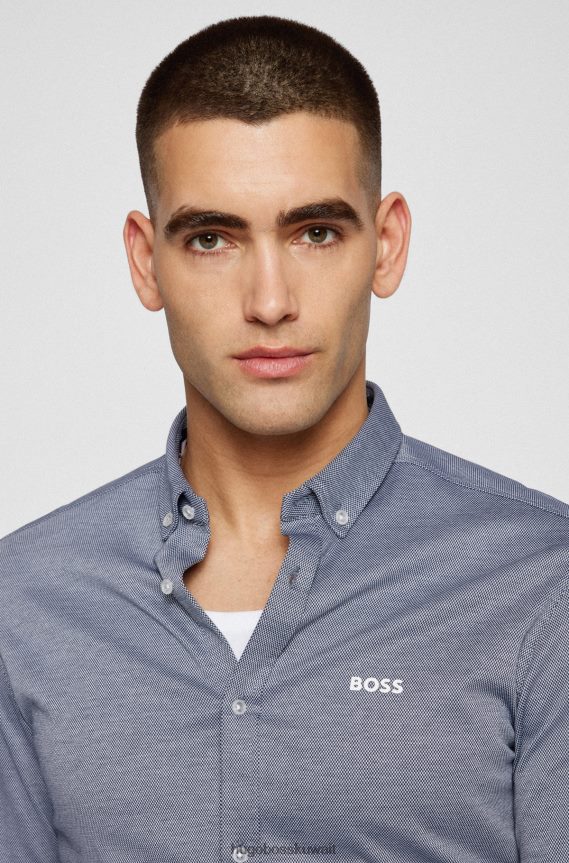 4TFNJN4081 أزرق Hugo Boss قميص جيرسي أزرق بقصة عادية مع ياقة هوغو بأزرار سفلية