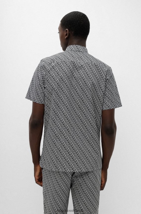 4TFNJN4096 أزرق غامق Hugo Boss قميص Hugo باللون الأزرق الداكن المريح مصنوع من القطن بطبعة الشعار وملمس الورق