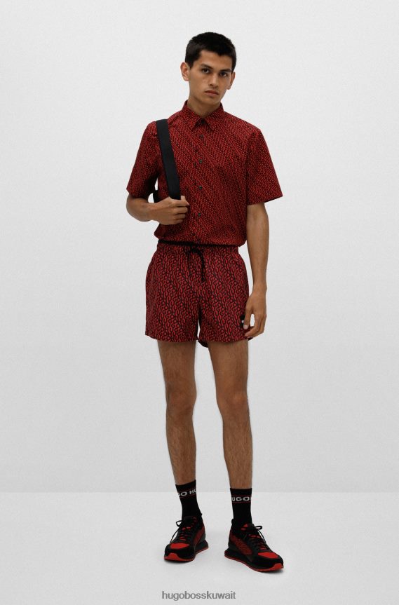 4TFNJN4097 أحمر Hugo Boss قميص Hugo ذو المقاس المريح من القطن باللون الأحمر المطبوع بشعار الماركة