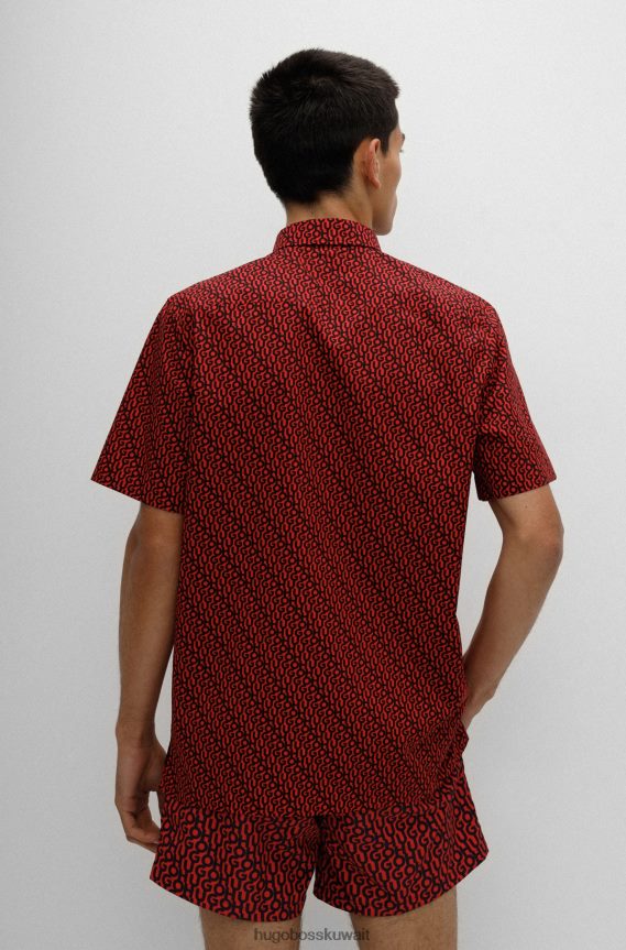 4TFNJN4097 أحمر Hugo Boss قميص Hugo ذو المقاس المريح من القطن باللون الأحمر المطبوع بشعار الماركة