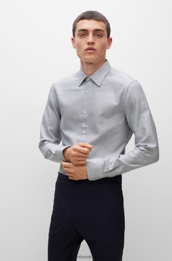 4TFNJN4098 أزرق غامق Hugo Boss قميص بقصة ضيقة مصنوع من القطن الإيطالي المخطط باللون الأزرق الداكن من هوغو