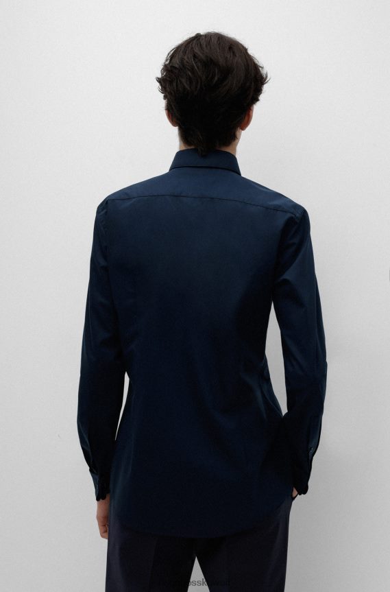 4TFNJN4102 أزرق غامق Hugo Boss قميص Hugo ذو قصة ضيقة باللون الأزرق الداكن مصنوع من قماش البوبلين القطني سهل الكي