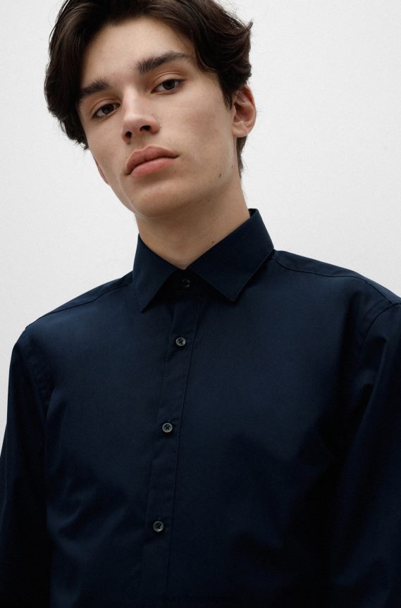 4TFNJN4102 أزرق غامق Hugo Boss قميص Hugo ذو قصة ضيقة باللون الأزرق الداكن مصنوع من قماش البوبلين القطني سهل الكي