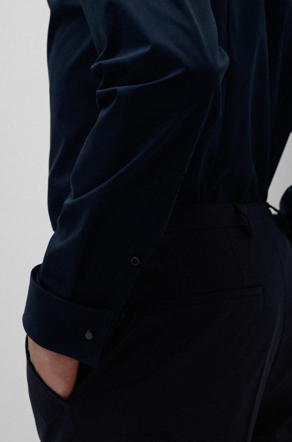 4TFNJN4102 أزرق غامق Hugo Boss قميص Hugo ذو قصة ضيقة باللون الأزرق الداكن مصنوع من قماش البوبلين القطني سهل الكي