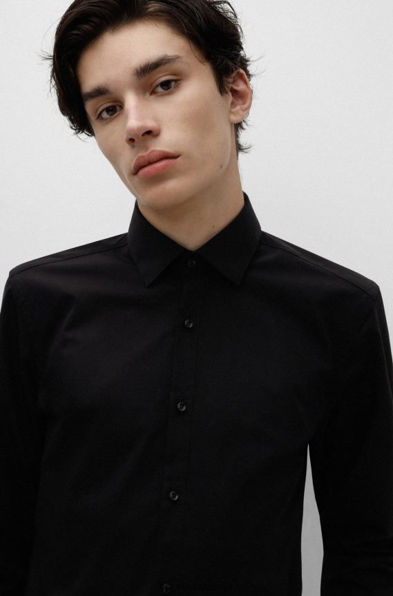 4TFNJN4104 أسود Hugo Boss قميص بقصة ضيقة من قماش البوبلين القطني سهل الكي باللون الأسود