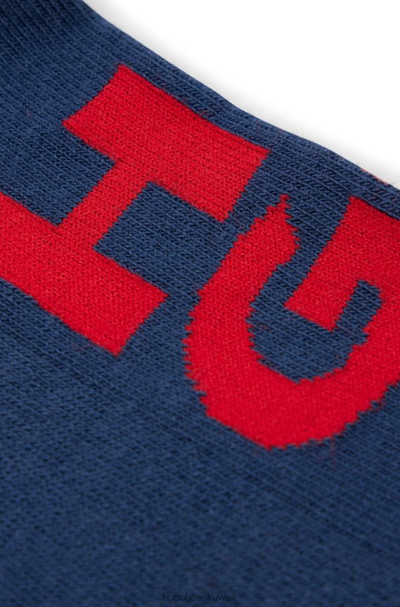 4TFNJN4114 أزرق غامق Hugo Boss Hugo - حزمة من قطعتين من الجوارب القصيرة المضلعة باللون الأزرق الداكن مع شعارات مكدسة
