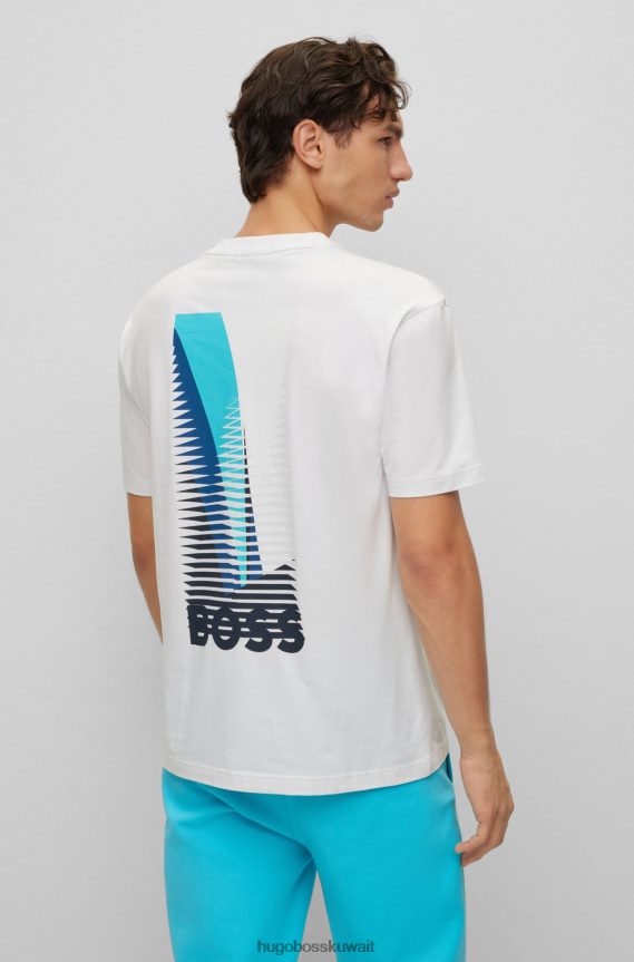 4TFNJN4116 أبيض Hugo Boss تي شيرت مريح مصنوع من القطن المطاطي مع عمل فني مطبوع باللون الأبيض