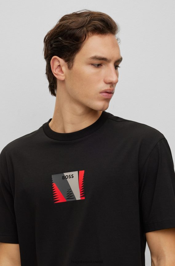 4TFNJN4118 أسود Hugo Boss تي شيرت مريح مصنوع من القطن المطاطي مع عمل فني مطبوع باللون الأسود