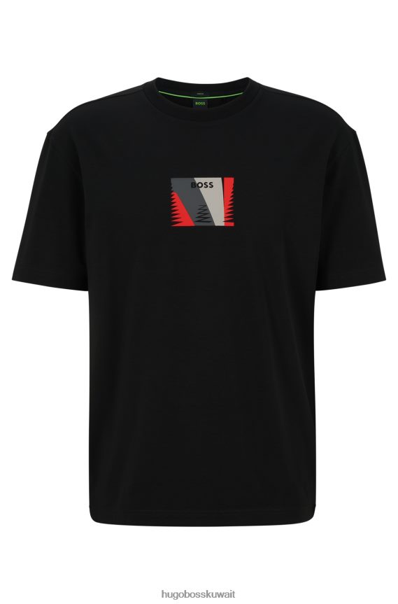 4TFNJN4118 أسود Hugo Boss تي شيرت مريح مصنوع من القطن المطاطي مع عمل فني مطبوع باللون الأسود