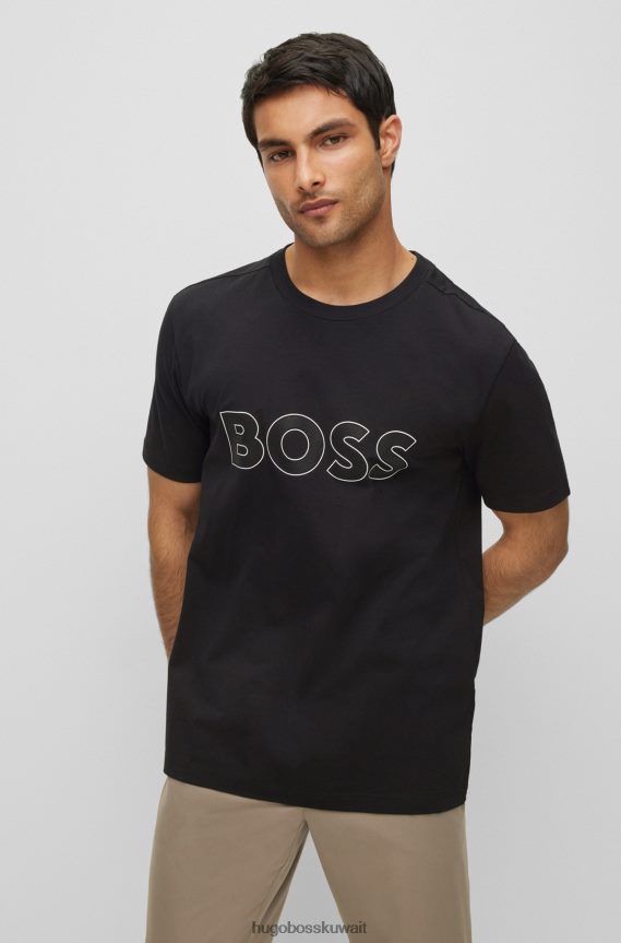 4TFNJN4121 أسود Hugo Boss تيشيرت هوغو من القطن المطاطي مع شعار مخطط باللون الأسود