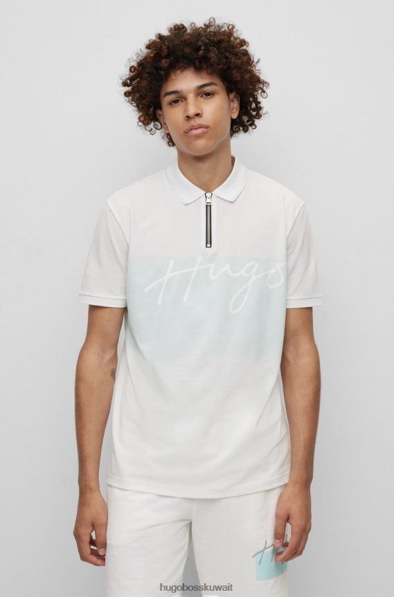 4TFNJN4122 أبيض Hugo Boss قميص بولو برقبة بسحاب من القطن مع شعار مكتوب بخط اليد باللون الأبيض