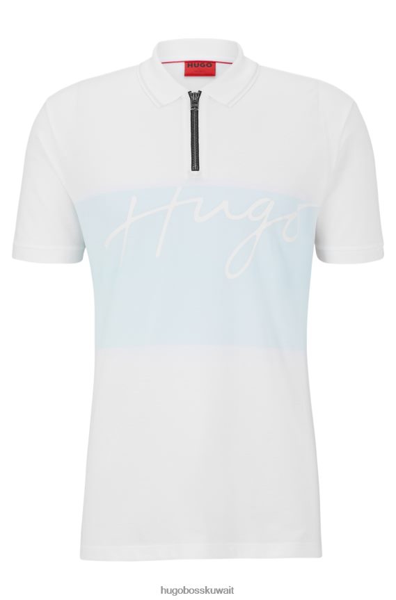 4TFNJN4122 أبيض Hugo Boss قميص بولو برقبة بسحاب من القطن مع شعار مكتوب بخط اليد باللون الأبيض