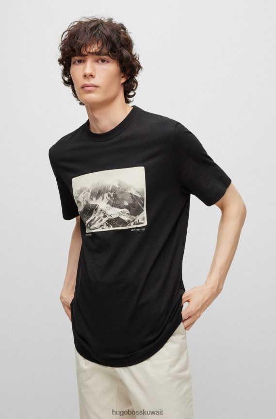 4TFNJN4123 أسود Hugo Boss تي شيرت من الجيرسي القطني باللون الأسود مع طباعة هوغو الجبلية