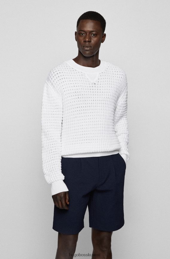 4TFNJN4124 أبيض Hugo Boss سترة مريحة ذات هيكل مكتنز من مزيج القطن باللون الأبيض