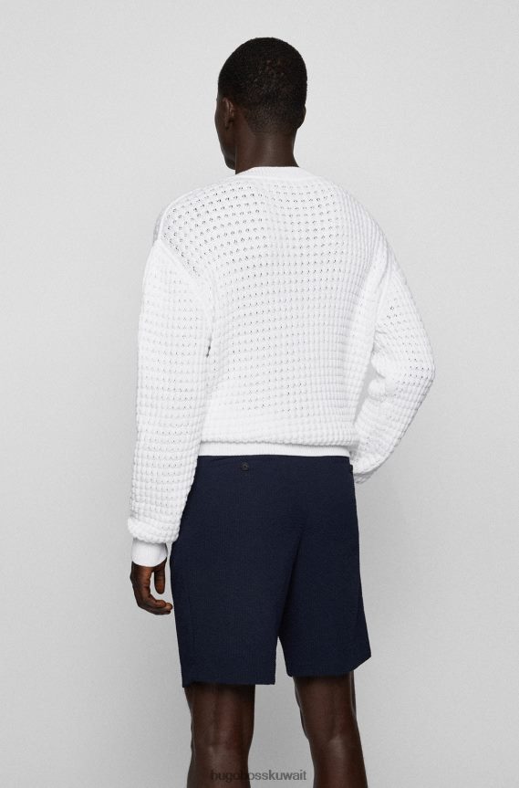 4TFNJN4124 أبيض Hugo Boss سترة مريحة ذات هيكل مكتنز من مزيج القطن باللون الأبيض