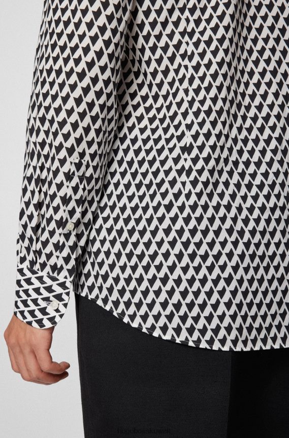 4TFNJN4127 أبيض Hugo Boss قميص Hugo ذو قصة ضيقة بطبعات هندسية من مزيج ايوسل لايوسل باللون الأبيض