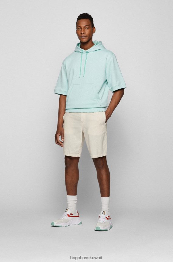 4TFNJN4137 اخضر فاتح Hugo Boss كنزة هوغو من القطن المطاطي بغطاء رأس وأكمام قصيرة باللون الأخضر الفاتح