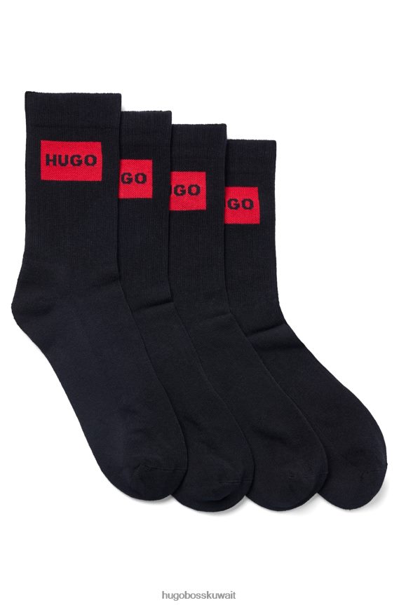 4TFNJN4138 أسود Hugo Boss Hugo - حزمة من اثنين من الجوارب القصيرة باللون الأسود مع ملصق شعار باللون الأحمر