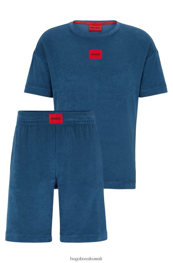 4TFNJN4144 أزرق غامق Hugo Boss طقم بيجامة تيري مقاس مريح باللون الأزرق الداكن من هوغو مع ملصقات شعار حمراء