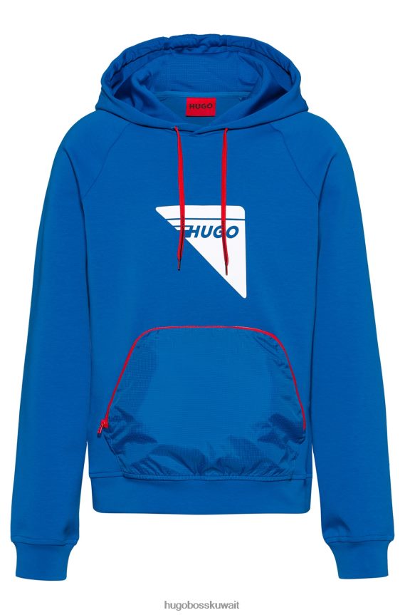 4TFNJN4151 أزرق Hugo Boss هوغو سويت شيرت بغطاء رأس بقصة ضيقة مع شعار عاكس مزخرف باللون الأزرق