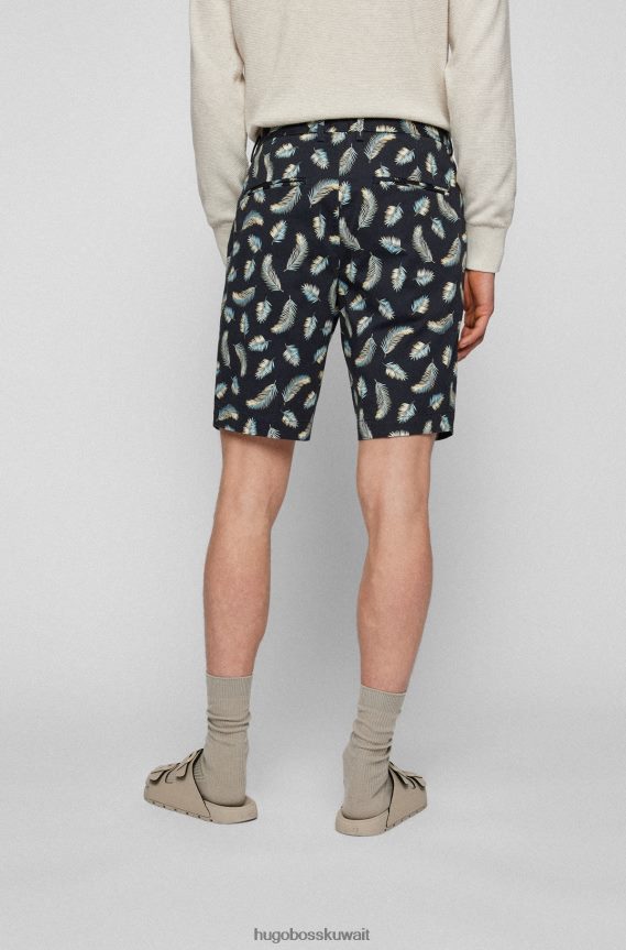 4TFNJN4158 أزرق غامق Hugo Boss شورت بقصة ضيقة من الساتان القطني المرن بطبعات موسمية باللون الأزرق الداكن